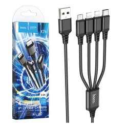 Cabo de Carregamento 4 em 1 Hoco X76 Super USB-A para (Lightning+Lightning+Tipo-C+Micro) 2,0A 1m Preto Cabo de Carregamento 4 em 1 Hoco X76 Super USB-A para (Lightning+Lightning+Tipo-C+Micro) 2,0A 1m Preto